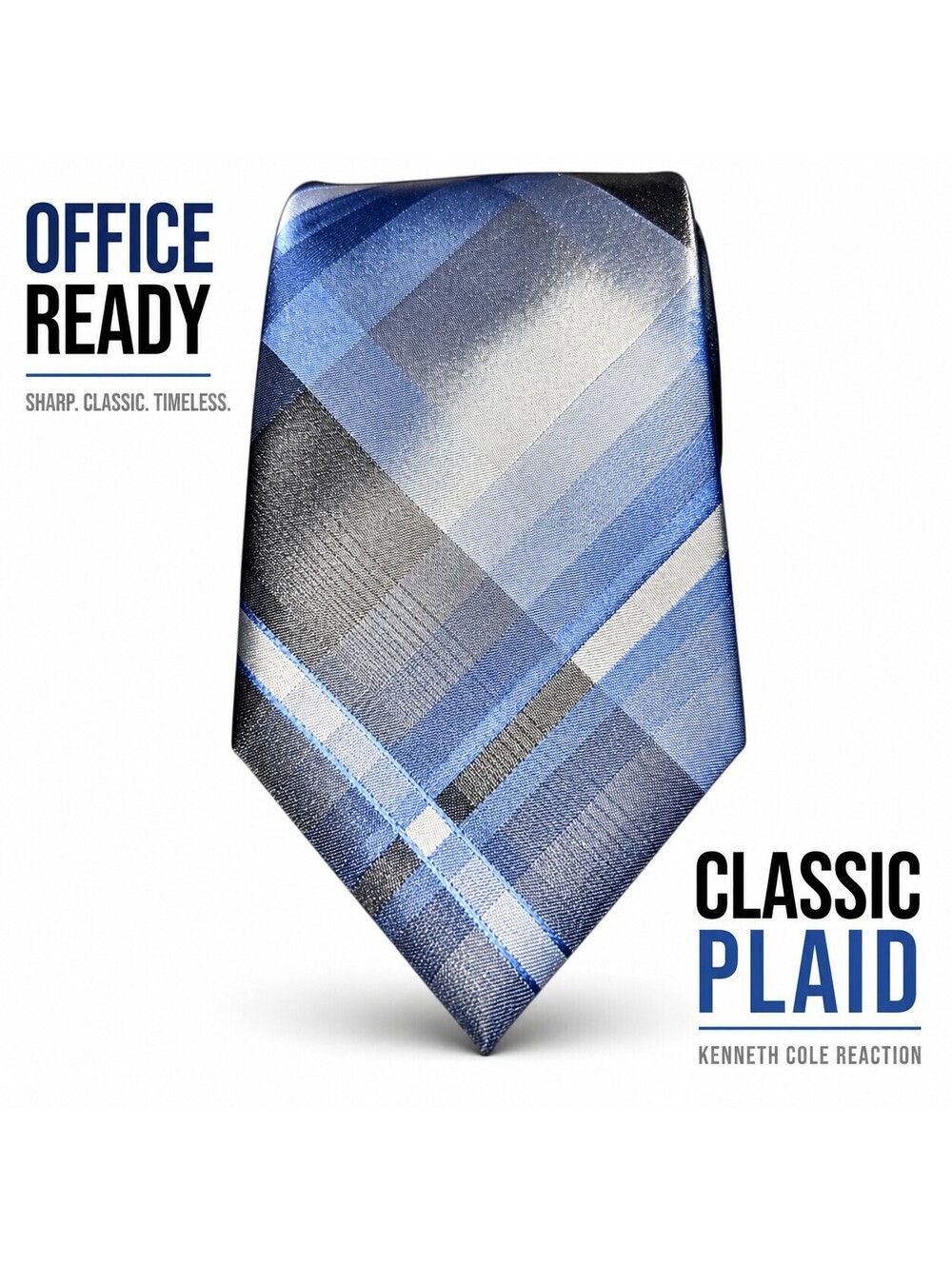 Kenneth Cole Reaction Blue Plaid Tie Silk Blend Modern Classic Check Necktie...